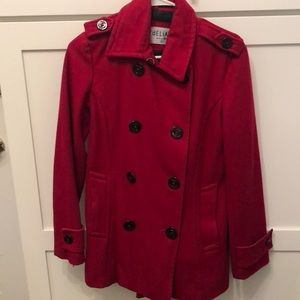 Delias red peacoat with black button detail!